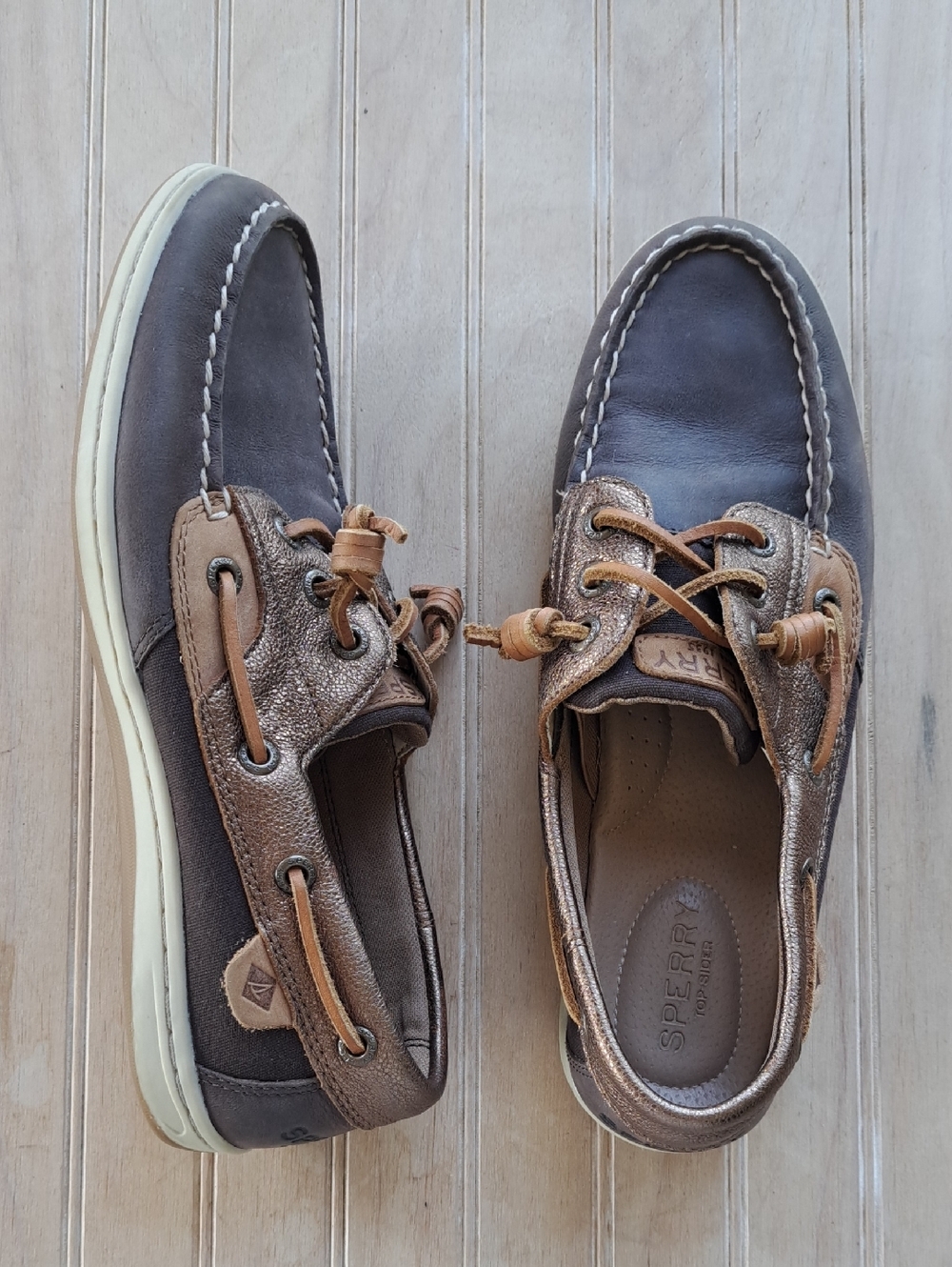 Sperry Bluefish Top Slider Leather Boat Shoes Brown Bronze Metallic Comfort